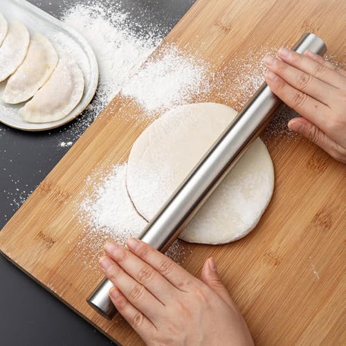10 Inch Stainless Steel Rolling Pin for Baking - French Smooth Metal Dough Roller for Fondant, Pizza, Pie, Cookie & Pastry, Professional Kitchen Tool