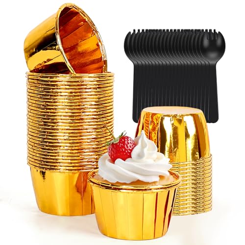 100Pack Gold Cupcake Liners, 3.5oz Baking Cupcake Cups, Mini Disposable Foil Muffin Liners, Grease-proof Paper Ramekin Oven-safe Cupcake Tins for Valentine Christmas Wedding Birthday Party with Spoons - color: Gold