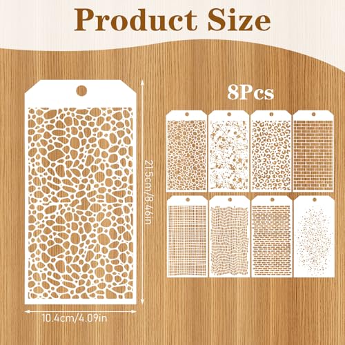 8 Pieces Stencils for Crafts, Leopard Brick Dot Layering Stencils with Keyring Mixed Media Plaid Texture Crackle Marble for Painting on Card Making Canvas DIY Crafts Furniture Paper Airbrush