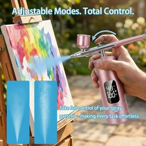 Cordless Airbrush Kit with Compressor,48 PSI High-Pressure, 6000mAh Rechargeable, 3-Speed Adjustable - 0.2/0.5 mm Nozzles & 3 Cups,Non-Clogging for Cake,Models, Makeup,Painting,Nails Art (Pink)