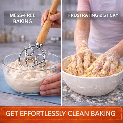 Danish Dough Whisk for Sourdough – Thick Stainless Steel Dutch Whisk with Ergonomic Oak Handle – Heavy-Duty Dough Mixer for Bread & Baking - size: Triple Loop