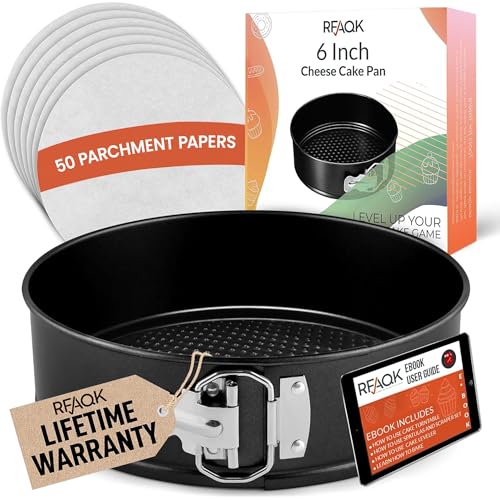 RFAQK 6 Inch Springform Pan with Removable Bottom & 50pcs Parchment Paper - Non-Stick Leakproof Cheesecake & Cake Pan 6 Inch, Fits 3 Qt Inst-Pot, Small Springform Pan for Baking - size: 6-Inch