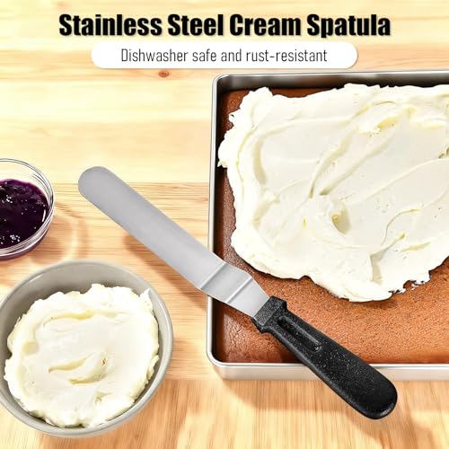 Bestac Stainless Steel Cake Spatula Set - 6&8 Inch Flanged Edge Angled Offset Non-Slip Handle 2-Piece Ideal for Cake Frosting/Decorating Home Baking & Bakery (Black)