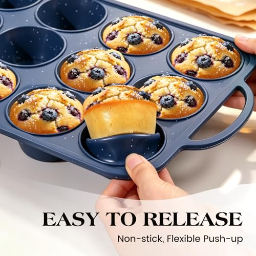 Vinino 12 Cup Silicone Muffin Pan with Stainless Steel Frame - Blue - color: Blue, size: Standard