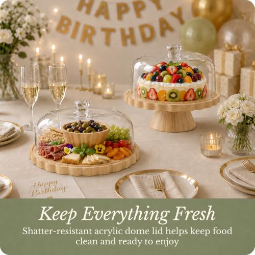 ELIBRE Wooden Cake Plate & Serving Platter with Clear Acrylic Dome Lid