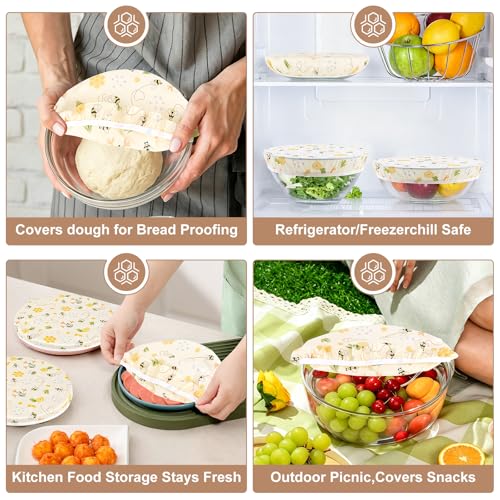 Reusable Beeswax Bowl Covers 3 Pack, 10 Inch (2 Medium)+ 12 Inch Elastic Sourdough Bowl Cover for Bread Proofing, Shower Caps for Bread Proofing Basket, Mixer Bowls