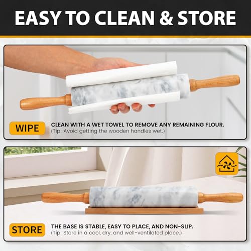 16.7 Inches Marble Rolling Pin for Baking with Wooden Handles & Wooden Cradle - Rolling Pin for making Pizza Dough & Tortillas, Dough Roller for Pasta, Cookie, Pie Crust and More!