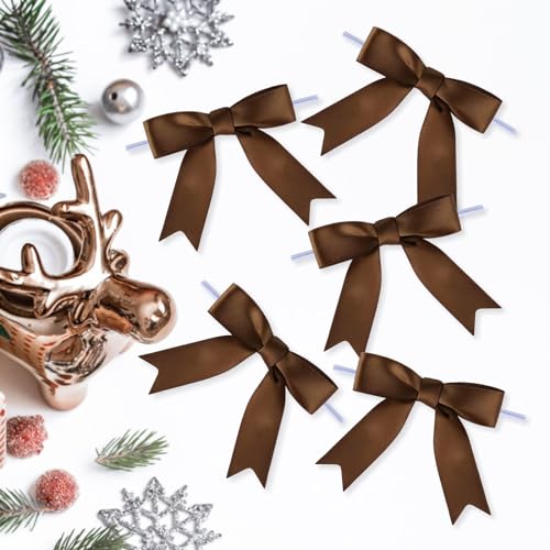 Meseey 50 Pcs 3 Inches Twist Tie Satin Ribbon Bows Brown Pretied Premade Craft Bows for Treat Bags Gift Wrapping Basket Wedding Baby Shower Brithday Christmas Party (3", Brown) - color: Brown