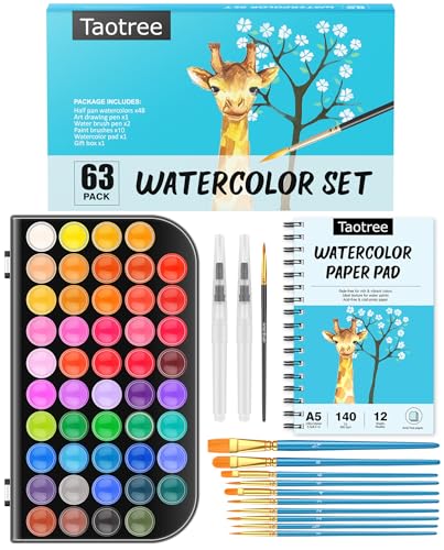 Taotree 48 Watercolor Paint Set with 10 Paint Brushes and Watercolor Book - color: 63 Multicolor