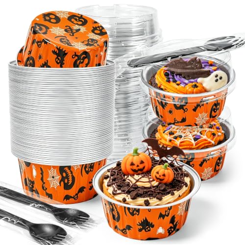 50 Pack Halloween Baking Supplies Mini Cake Pans with Lids and Spoons - color: Orange and Black
