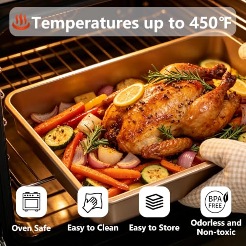 3-Pack Roasting Pan Set, Nonstick Baking Tray, Rectangular Bakeware for Oven, Non-Toxic Coating and Durable Quality (Champagne Gold) - color: Champagne Gold