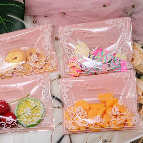 yueton 100PCS Self Sealing Cellophane Cookie Bags Cute Pink Cookie Bags Adorable Resealable Cellophane Bags for Christmas Wedding Gift Giving