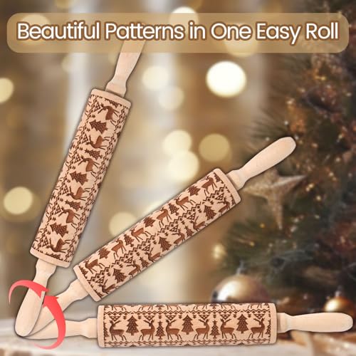 Christmas Embossed Rolling Pin for Baking Cookies Embossing Rolling Pins with Design Wooden Engraved Springerle Roller Pin Animal Dough Patterned Clay Pottery Ceramic Bakers Women (Reindeer & Tree) - color: Christmas Reindeer
