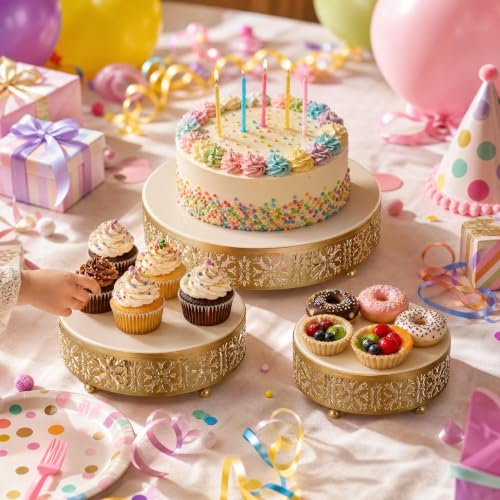 Coloch 3 Pieces Golden Cake Stand Set, 8/10/12 Inch Round Metal Dessert Display Stand Decorative Cake Holder Cupcake Pastry Candy Display Plate for Wedding, Party, Birthday, Event