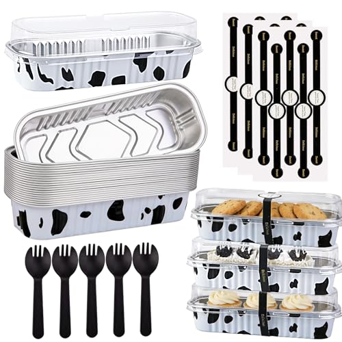 24 Pack Mini Loaf Pans, 7.5oz Mini Cake Pan & Mini Cupcake Pan Set – Disposable Aluminum Baking Pans with Lids, Spoons & Stickers, Premium Sturdy Gift Set for Cakes, Cupcakes, Desserts & Party Treats - color: Cow