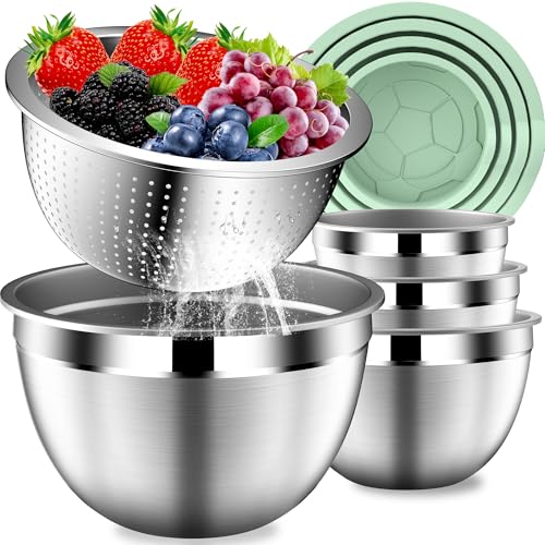 DUTZUN Mixing Bowls with Lids Set, Stainless Steel Mixing Bowl Set with Colander, Strainer with Bowls - Pistachio - size: 9PCS Green