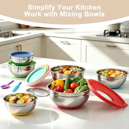 ENVTEK Stainless Steel Mixing Bowls Set with Lids,Silicone Bottoms,Colorful - color: Colorful
