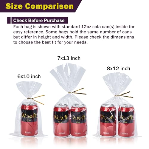 Wowfit 100 CT 7x13 Clear Cellophane Gift & Favor Bags, 6" Gold Twist Ties - size: 7x13 Inch (Pack of 100)