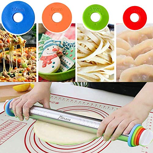 Rolling Pin and Silicone Pastry Mat Set with Adjustable Thickness Rings