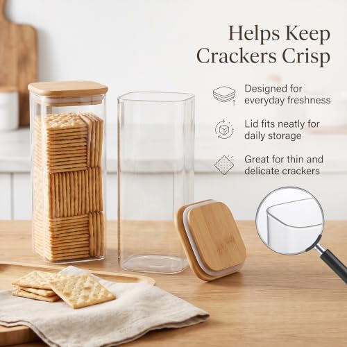 Cracker and Cookie Keeper, 2 Pack Glass Cookie Jar with Wooden Lids