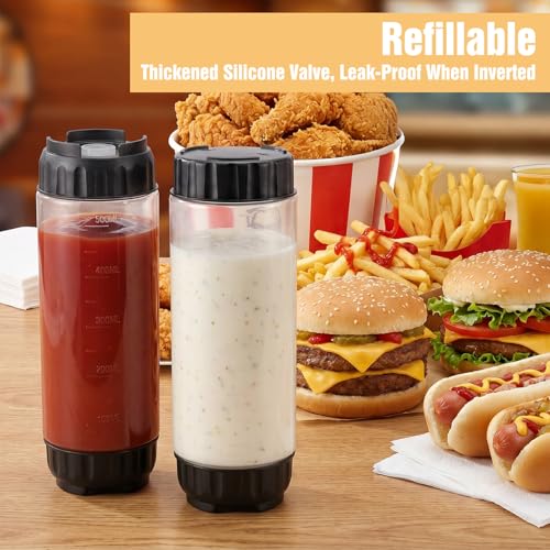 Grevosea 2 Pcs 20 oz Squeeze Bottles, Refillable Large Valve Condiment Dispenser, Self-Sealing Leakproof Syrup Ketchup Sour Cream Sauce Bottle for Restaurant Home Kitchen(Black) - color: Black, size: 20 Ounces (Pack of 2)