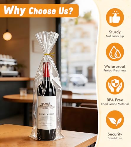 Yuiicaov Cellophane Bags for Wine Bottles, 6x18 Inches 70Pcs Clear Wine Gift Cello Bags With Twist Ties, Clear Treat Bags Packaging for Wine Champagne (Flat, No Gusset) - size: 6×18 Inch(Pack of 70)