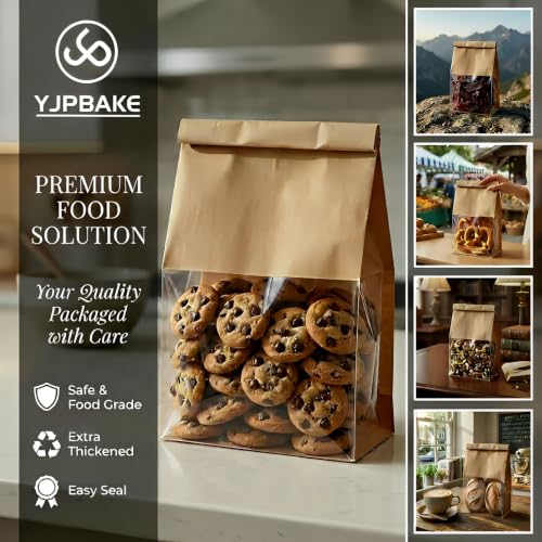 50 Pack Kraft Bakery Bags with Clear Window and Tin Tie - Greaseproof Cookie Bags and Treat Bags for Homemade Bread, Sourdough & Cookie Packaging