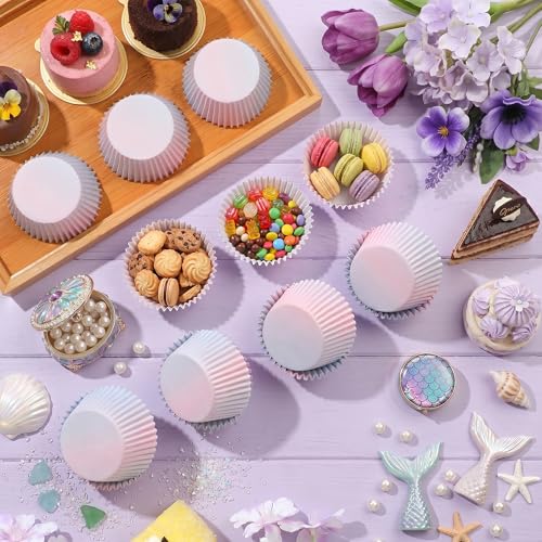 300PCS Gradient Cupcake Liners Blue Pink Ombre Paper Baking Cups Mermaid Themed Muffin Cupcake Wrappers for Bridal Shower Wedding Baby Shower Gender Reveal Birthday Party Cake Decor - style: 300 Counts