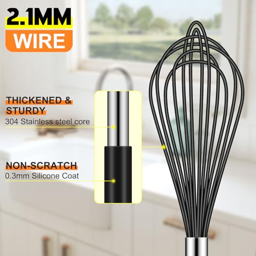 HOTEC 4Pcs Silicone Whisk Set, Wire Balloon Whisks for Cooking Egg Beater - color: Black,Silver