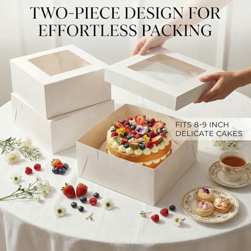 3 Pack 10x10x5 Inch White Cake Boxes with Window and Lids – Disposable Bakery Boxes for Cakes, Donuts, Pies, Cookies – No Cake Boards Included – Birthday, Wedding, Party Supplies