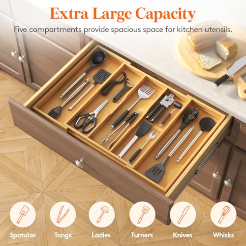 Lifewit Bamboo Kitchen Drawer Organizer, Cooking Utensil Silverware Tray - color: Natural, size: 5 Slot(15.6~28''W x 18.5'' D)