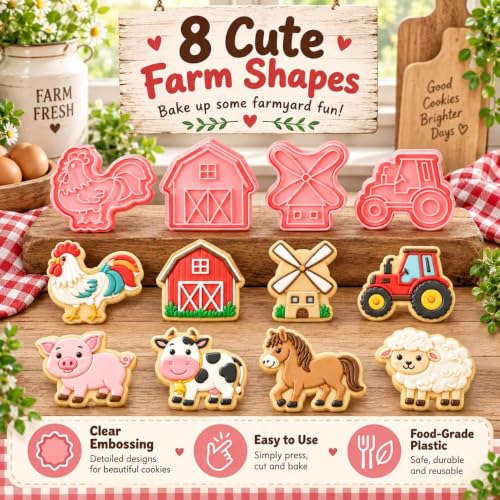 Farm Animal Cookie Cutters, 8-Piece Plastic Stamp Set - color: Farm Animal