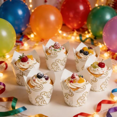 250Pcs Tulip Cupcake Liners,Parchment Paper Cupcake Liner in Standard Size - color: White Golden Cloud