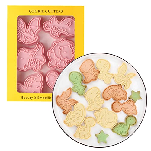 6 Pieces Cute Dino Cookie Cutters Cartoon Dinosaur Cookie Mould Cookie Stamps Set Kitchen Tools Plastic Dino Cookie Press (Dino 0209B) - color: Dino 0209B