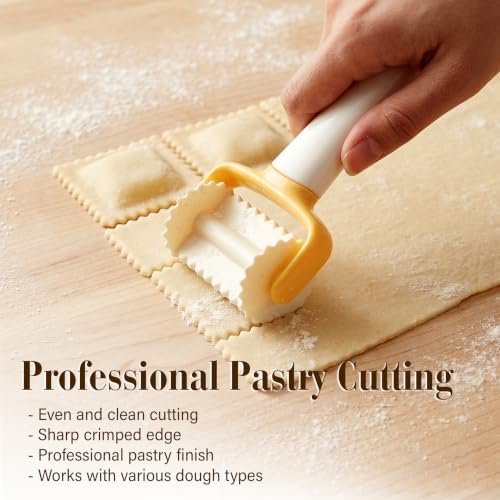 Rolling Cookie Cutter Set, 3 Piece Biscuit Maker and Dough Cutter Wheels with Ergonomic Handle, Round Crimped and Square Pastry Roller for Cookies, Ravioli, Pizza, Dumplings, Donuts, Crackers, Scones