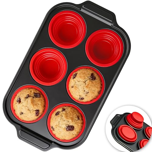 Silicone Muffin Pans for Baking with Metal Frame - 6 Cups Cupcake Pans - color: 6-Cups Red