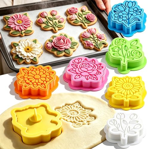 6Pcs Die-cutting Flower Cookie Cutter Sets Multiple Shapes Rose Sunflower Daisy Tulip Cookie Cutters with Stamp Floral Fondant Cutters Plastic Cookies Molds for Baking Spring Summer Cookies Cutters