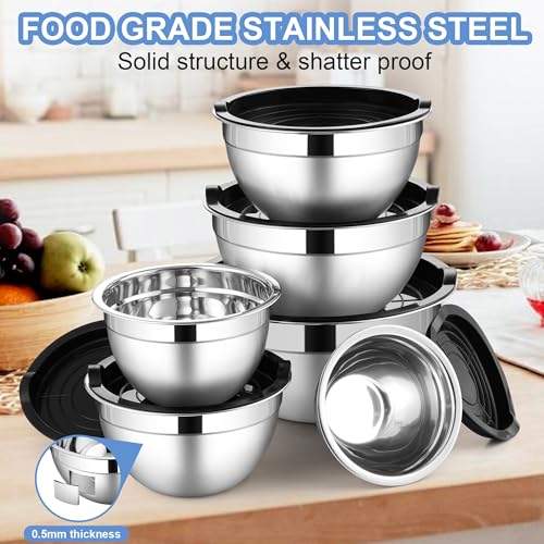 LIANYU Mixing Bowls with Lids Set of 6, Stainless Steel Nesting Metal Bowl - color: Black, style: Atlas Base with Airtight Lids