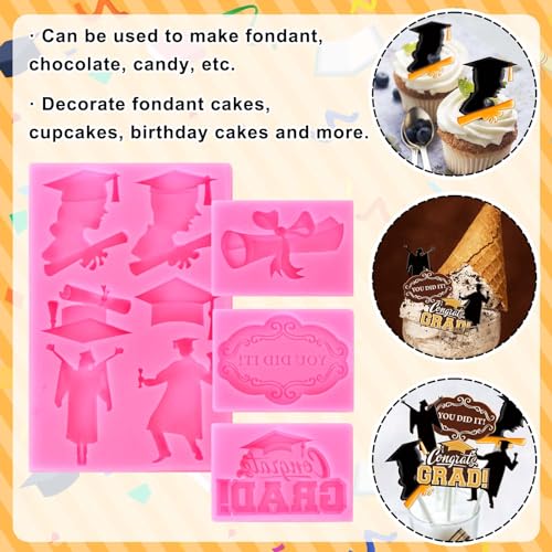 Whaline 4Pcs 2026 Graduation Fondant Molds Grad Cap Diploma Cheering Silicone Molds Congrats Grad Chocolate Candy Mould for Kitchen Baking Party Crafts Decor - style: Graduation