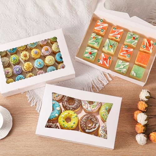 48pcs 12x8x2.5 Inches Bakery Boxes,Cookie Boxes with 3Style for Window,Sturdy Large Treat Box For Chocolate,Strawberries,Dessert,Cakes,Donuts,pastry|350gsm Food-grade Thickness Cardboard - color: White/48pcs