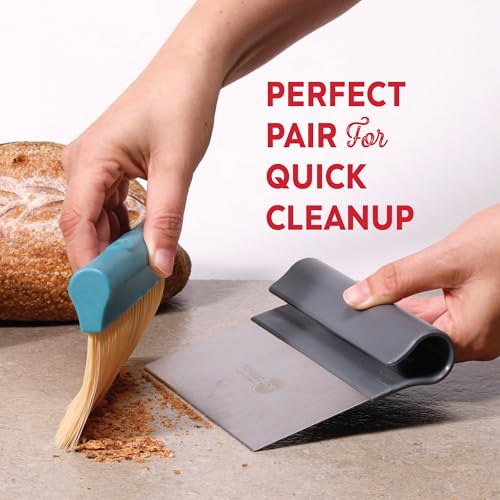 KneadAce Dough Scraper & Baker’s Brush.Stainless Steel Bench Scraper & Flour Cleaning Brush. Kitchen Tool for Pastry, Sourdough and Baking Prep Bread Dough Cutter, Gift For Bakers (Gray/Turquoise) - color: Gray, Turquoise