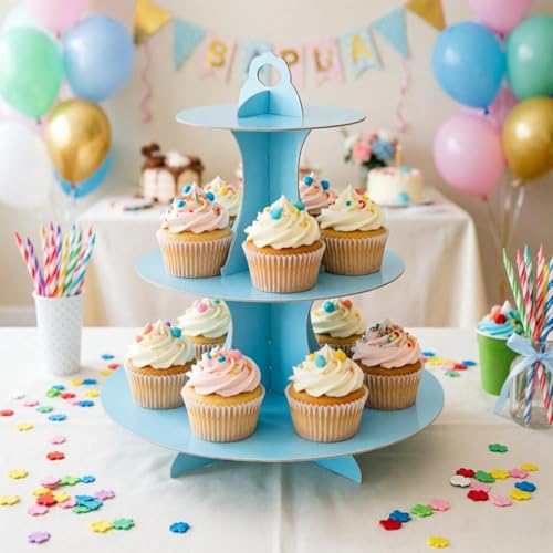 YLDW Cupcake Stand, 3-Tier Cupcake Stand Display, Cardboard Cup Cake Tower Stand, Disposable Dessert Stand for Birthday Tea Party Baby Shower Treat Decorations, Baby Blue - color: Light Blue