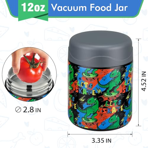 wiwens 12oz Soup Thermo for Hot Food Kids Insulated Food Jar Wide Mouth Lunch Container Leak Proof Stainless Steel Vacuum Bento Box for School Office Travel Outdoors Black-Dinosaur - color: Black-Dinosaur