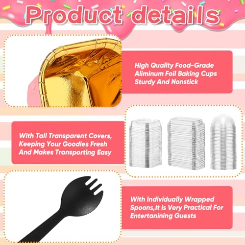 Baderke 150 Pcs Pink Mini Cake Pans with Lids Spoons, Disposable Ramekins
