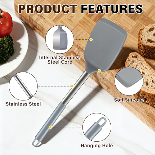 5Pcs Silicone Cooking Utensils Set, Heat Resistant Kitchen Tools Include Solid&Slotted Spatula, Cooking Spoon and Pasta Server, Silicone Kitchen Utensils set for Nonstick Cookware Flipping, Gray - color: Gray