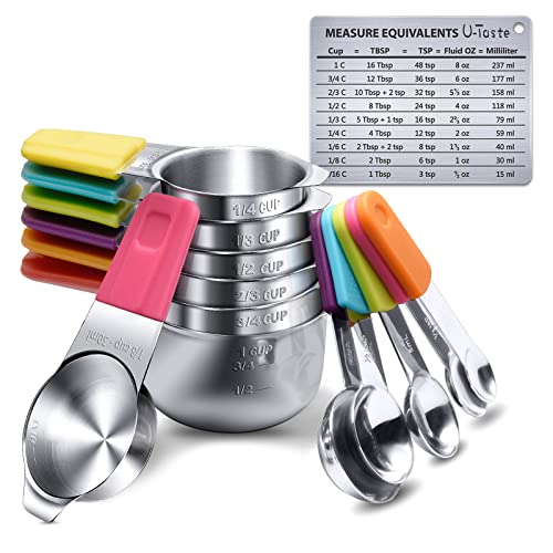 Measuring Cups, U-Taste Magnetic Measuring Cups and Spoons Set of 13 in 18/8 Stainless Steel: 7 Measuring Cups and 5 Measuring Spoons with 1 Professional Magnetic Measurement Conversion Chart - color: Clear