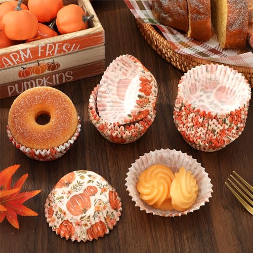 Whaline 300Pcs Fall Cupcake Liners Watercolor Pumpkin Flower Paper Baking Cups Autumn Floral Muffin Liner Cake Paper Cups Storage Container for Thanksgiving Party DIY Craft, 2x1.2 Inch - style: Pumpkin Flower