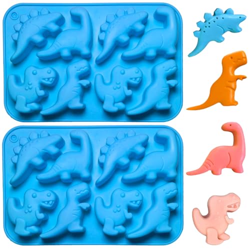 2Pcs Dinosaur Silicone Candy Molds - 8-Cavity Gummy Dinosaur Molds Shaped with T-rex, Stegosaurus, Triceratops, Brontosaurus, Non-stick and Bpa Free for Chocolate, Soaps, Crayons, Ice Cubes - color: 2pcs Large Dinosaur Molds