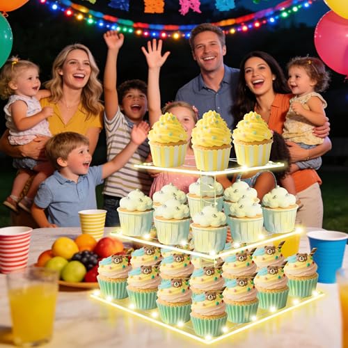Square Cupcake Stand with Yellow Lights, 3 Tier Dessert Display Stands - color: Yellow Light, size: 3 Tier Square