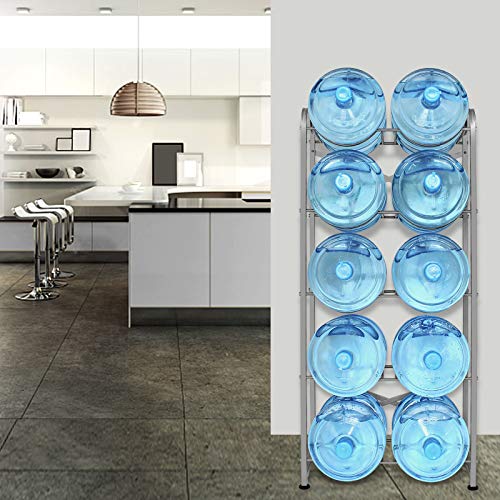 5 Gallon Water Bottle Holder for 10 Bottles, 5 Tiers Heavy-Duty Water Cooler Jug Rack with Reinforcement Frame for Kitchen Office, Silver Grey - color: Silver Grey